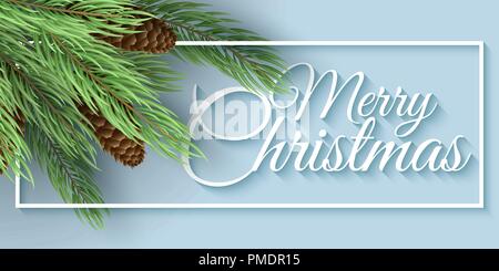 Frohe Weihnachten Banner. Weihnachtsbaum mit den Kegeln. Weißer Rahmen mit Kalligrafischen Text. Vector Illustration. Winter Abdeckung für Ihre Projekte. EPS 10. Stock Vektor