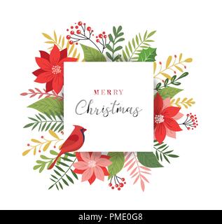 Frohe Weihnachten Grußkarte in eleganten, modernen und klassischen Stil mit Blättern, Blüten und Vogel Stock Vektor