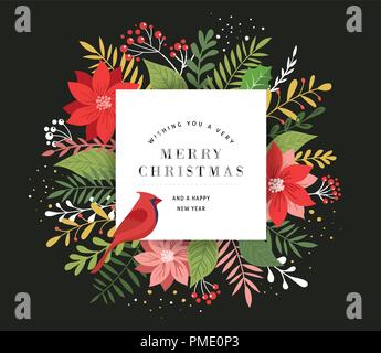 Frohe Weihnachten Grußkarte in eleganten, modernen und klassischen Stil mit Blättern, Blüten und Vogel Stock Vektor