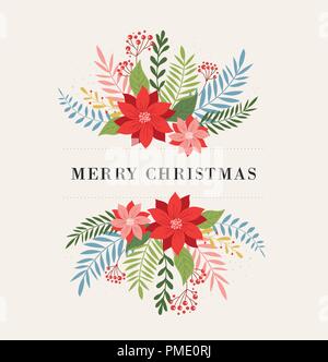 Frohe Weihnachten Grußkarte in eleganten, modernen und klassischen Stil mit Blättern, Blüten und Vogel Stock Vektor