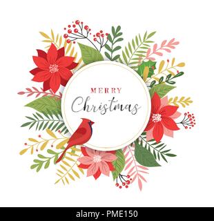 Frohe Weihnachten Grußkarte in eleganten, modernen und klassischen Stil mit Blättern, Blüten und Vogel Stock Vektor