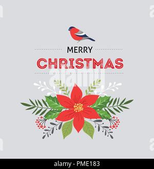 Frohe Weihnachten Grußkarte in eleganten, modernen und klassischen Stil mit Blättern, Blüten und Vogel Stock Vektor