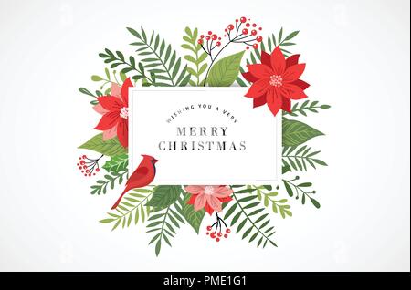 Frohe Weihnachten Grußkarte in eleganten, modernen und klassischen Stil mit Blättern, Blüten und Vogel Stock Vektor