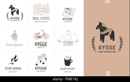 Hygge - einfache Leben in Dänisch, Sammlung von Hand gezeichnet elegant und sauber Logos, Elemente Stock Vektor