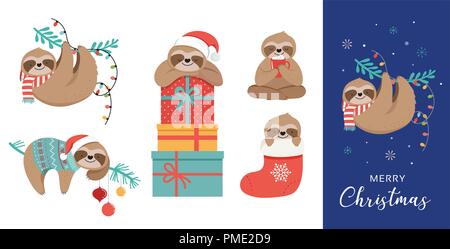 Cute Faultiere, lustige Weihnachten Illustrationen mit Santa Claus Kostüme, Hut und Schals, Grußkarten, Banner Stock Vektor