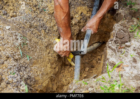 Mann bei der Arbeit installieren drop Bewässerungssystem mit Rohren im Boden Stockfoto