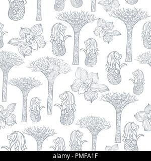 Nahtlose Hintergrund mit Orchidee, merlion und Gärten an der Bucht für Tapeten, Textil- und Produktdesign Stock Vektor