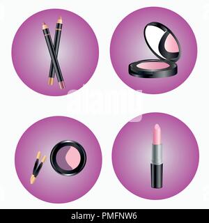 Verschiedene Kosmetik in runde Symbole. Schatten, Pulver, Bleistift, Lippenstift Stock Vektor