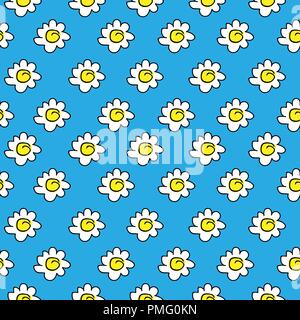 Floral blau nahtlose Kamille Zeichnung. Vector Illustration. Weißen gänseblümchen Muster auf einem hellen Hintergrund. Stock Vektor