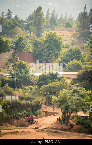Blick auf bakclit Bäume und Schmutz Pfade auf einem Hügel in Nyamirambo, einem abgelegenen, ländlichen Vorort von Kigali, Ruanda Stockfoto