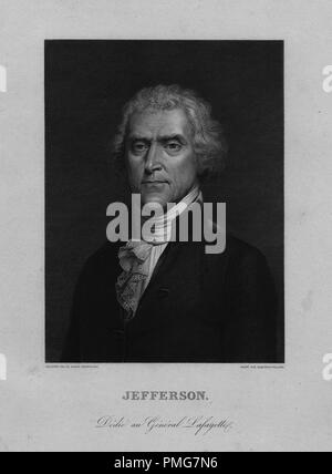 Graviert Portrait von Thomas Jefferson, dritter Präsident der Vereinigten Staaten, ein amerikanischer Gründervater und wichtigste Thema der Erklärung der Unabhängigkeit von Virginia, 1845. Von der New York Public Library. () Stockfoto