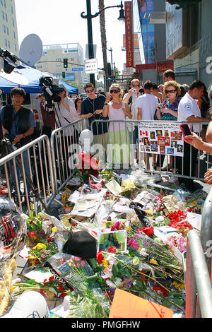 Medien und Fans konvergieren auf dem Hollywood Walk of Fame, um ihren Respekt zu Michael Jackson zu zahlen an der make-shift Schrein auf seinen Stern vor dem Grauman's Chinese Theater in Hollywood, CA, 27. Juni 2009 erstellt. © Joseph Martinez/Picturelux - Alle Rechte vorbehalten File Reference # 30035 004 PLX nur für redaktionelle Verwendung - Alle Rechte vorbehalten Stockfoto