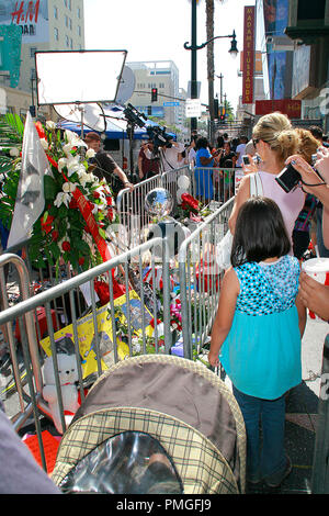 Medien und Fans konvergieren auf dem Hollywood Walk of Fame, um ihren Respekt zu Michael Jackson zu zahlen an der make-shift Schrein auf seinen Stern vor dem Grauman's Chinese Theater in Hollywood, CA, 27. Juni 2009 erstellt. © Joseph Martinez/Picturelux - Alle Rechte vorbehalten File Reference # 30035 011 PLX nur für redaktionelle Verwendung - Alle Rechte vorbehalten Stockfoto