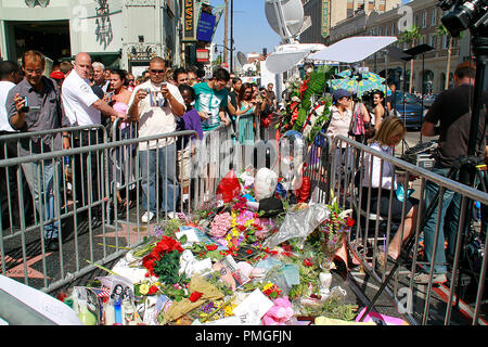 Medien und Fans konvergieren auf dem Hollywood Walk of Fame, um ihren Respekt zu Michael Jackson zu zahlen an der make-shift Schrein auf seinen Stern vor dem Grauman's Chinese Theater in Hollywood, CA, 27. Juni 2009 erstellt. © Joseph Martinez/Picturelux - Alle Rechte vorbehalten File Reference # 30035 019 PLX nur für redaktionelle Verwendung - Alle Rechte vorbehalten Stockfoto