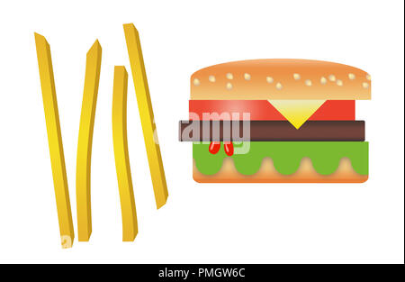 Hier ist eine stilisierte Bild eines Hamburger und Pommes frites auf einem weißen Hintergrund. Stockfoto