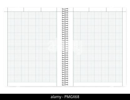 Öffnen quad ausgeschlossen Querschnitt Kabel gebundenes Notizbuch mit metallspirale, realistisch Vektor mock up. Engineering Berechnung notepad ausbreiten, Vorlage Stock Vektor