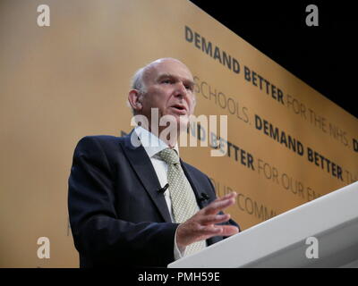 Brighton, UK. 18. September 2018. Bibliothek Dem Führer Sir Vince Cable MP Adressen Liberalen Demokraten an ihrer Herbsttagung 2018 in Brighton. Stockfoto