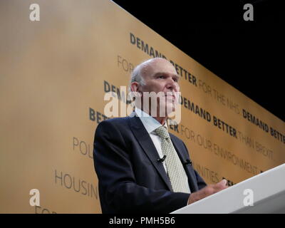 Brighton, UK. 18. September 2018. Bibliothek Dem Führer Sir Vince Cable MP Adressen Liberalen Demokraten an ihrer Herbsttagung 2018 in Brighton. Stockfoto