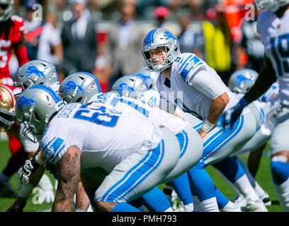 Setember 16, 2018: Detroit Lions Quarterback Matthew Stafford (9) in Aktion während der NFL Football Spiel zwischen den Detroit Lions und die San Francisco 49ers bei Levi's Stadion in Santa Clara, CA. Die 49ers besiegten die Löwen 30-27. Damon Tarver/Cal Sport Media Stockfoto