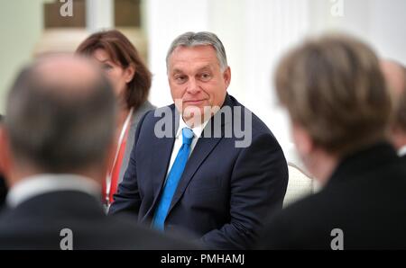 Moskau, Russland. 18. Sep 2018. Ungarische Ministerpräsident Viktor Orban während eines bilateralen Treffens mit dem russischen Präsidenten Wladimir Putin im Kreml September 18, 2018 in Moskau, Russland. Credit: Planetpix/Alamy leben Nachrichten Stockfoto