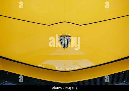 Berlin, 29. August 2018: Nahaufnahme der Emblem von Lamborghini Aventador S. Offizielle Auto Show Drive-Volkswagen Group Forum in Berlin. Stockfoto
