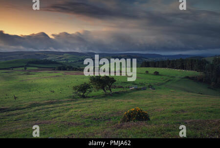 Dramatischer Sonnenuntergang Wolken über britische Landschaft Felder in Shropshire, Großbritannien Stockfoto