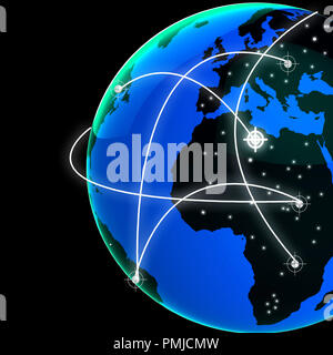 Verschaltet Globe World Technik Link 3D-Rendering Zeigt den weltweiten Handel oder die Konnektivität über ein globales Netzwerk Stockfoto