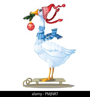 Niedlich animierte Gans auf gestrickte Mütze mit pompom Holding im Schnabel ein Zweig Tanne mit einem Glas Christmas Ball auf weißem Hintergrund. Geflügel rodeln. Vektor cartoon Close-up Abbildung: Stock Vektor