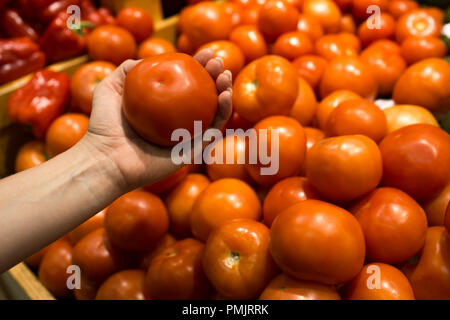 Rote reife saftige Tomaten in Frauenhand im Markt Stockfoto