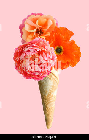 Eis mit handgefertigten krepp papier Blumen auf rosa Hintergrund gefüllt Stockfoto
