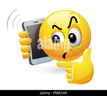 Smiley Gespräch am Telefon. Vector Illustration eines Smiley wird misstrauisch, während Sie telefonieren. Stockfoto