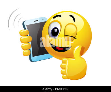 Zwinkerndes Smiley Gespräch am Telefon. Vector Illustration eines Smiley in lustiges Telefongespräch. Stockfoto