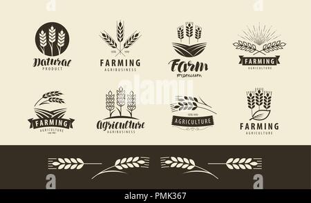 Landwirtschaft, Weizen Logo oder Label. Bauernhof, Landwirtschaft Reihe von Icons. Vector Illustration Stock Vektor