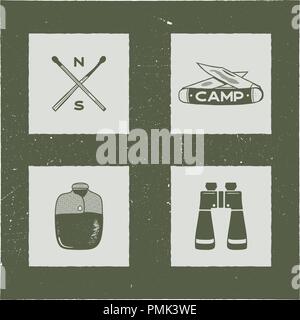 Satz von 4 Camping silhouette Icons und Symbole. Wanderausrüstung Elemente - übereinstimmt, Messer, Flasche, Fernglas. Vektor adventure Embleme. Gut für T-Shirts, Tassen, andere Identität Stock Vektor