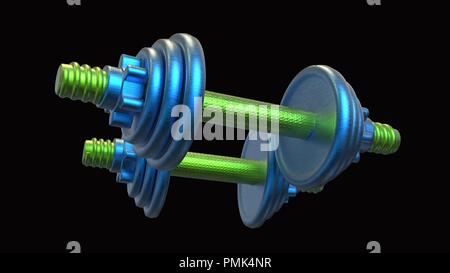 Trainingshanteln 3D Rendering isoliert auf einem schwarzen Hintergrund Stockfoto