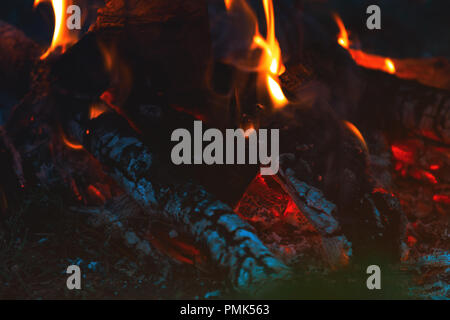Verkohltes Holz im Feuer. Das Verbrennen von Holz in hellen Flammen im Dunkeln, bis zu schließen. Dunkel getönten Feuer Hintergrund. Stockfoto