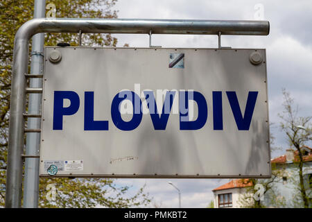 Schild für Plovdiv, Bulgarien. Stockfoto