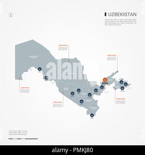 Usbekistan Karte mit Grenzen, Städte-, Kapital- und administrativen Abteilungen. Infografik Vektorkarte. Bearbeitbare Layer deutlich gekennzeichnet. Stock Vektor