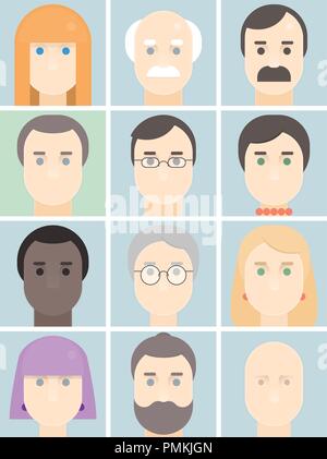 Männer und Frauen flach Avatare mit Gesichter. Menschen portraits Logos und Icons Collection. Vector Illustration Stock Vektor