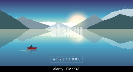 Abenteuer in der Natur Kanu auf einem ruhigen See mit Bergblick Vektor-illustration EPS 10. Stock Vektor