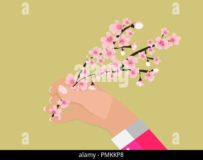 Hand mit farbenfrohen Zweig der Kirschblüten. Vector Illustration Stock Vektor