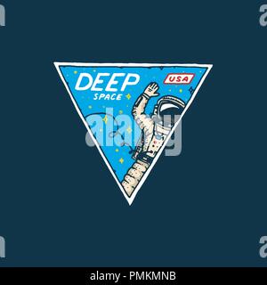 Vintage Raum Logo. Erforschung der astronomischen Galaxy. Mission Astronauten oder spaceman. kosmonaut Abenteuer. Abzeichen emblem Aufnäher Aufkleber. graviert Hand gezeichnete Skizze. Stock Vektor