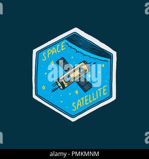 Vintage Raum Logo. Erforschung der astronomischen Galaxy. Mission Astronauten oder spaceman. kosmonaut Abenteuer. Abzeichen emblem Aufnäher Aufkleber. graviert Hand gezeichnete Skizze. Stock Vektor