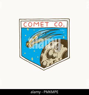 Vintage Raum Logo. Erforschung der astronomischen Galaxy. Mission Astronauten oder spaceman. kosmonaut Abenteuer. Sat-Abzeichen emblem Aufnäher Aufkleber. graviert Hand gezeichnete Skizze. Stock Vektor
