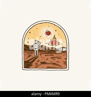 Vintage Raum Logo. Erforschung der astronomischen Galaxy. Mission Astronauten oder spaceman. kosmonaut Abenteuer. Abzeichen emblem Aufnäher Aufkleber. graviert Hand gezeichnete Skizze. Stock Vektor