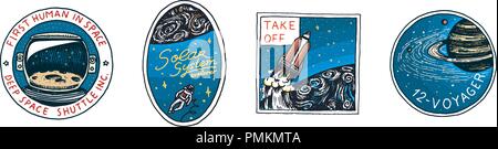 Vintage Raum Logo. Erforschung der astronomischen Galaxy. Mission Astronauten oder spaceman. kosmonaut Abenteuer. Sat-Abzeichen emblem Aufnäher Aufkleber. graviert Hand gezeichnete Skizze. Stock Vektor