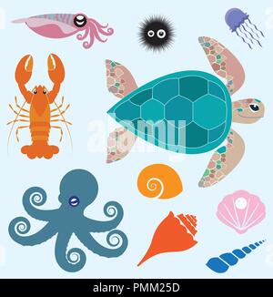Vektor einrichten, die verschiedene Meerestiere darstellen. Abstract dekorative cute Abbildung. Grafik Design für Print und Web. Stock Vektor