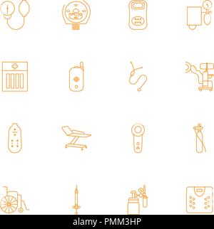 Verschiedene medizinische Geräte Icons Set-linearen Design Vector Illustrationen orange auf weißem Hintergrund Stock Vektor