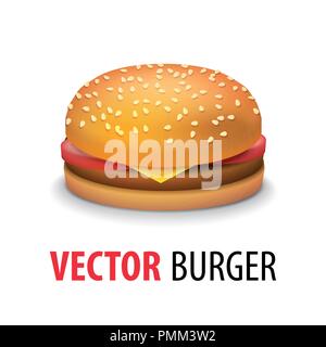 Vektor realistische Cheeseburger - Klassische amerikanische Burger mit Tomaten, Käse, Rind schließen bis auf weißem Hintergrund. Fast Food Abbildung Stock Vektor