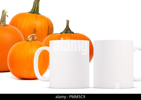 Herbst 2 Becher Mock-up. Zwei weiße leere Kaffeetassen Custom Design oder Angebot hinzuzufügen. Perfekt für Unternehmen Tassen verkaufen, nur overlay Ihre Angebots- oder Stockfoto